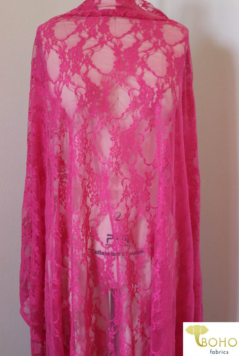 Petite Floral Stretch Lace in Hot Pink. SL-108-HP. - Boho Fabrics