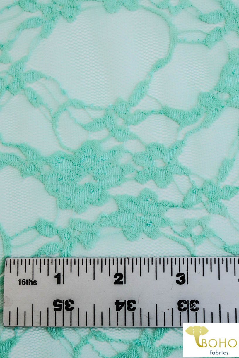 Petite Floral Stretch Lace in Mint. SL-108-MNT. - Boho Fabrics