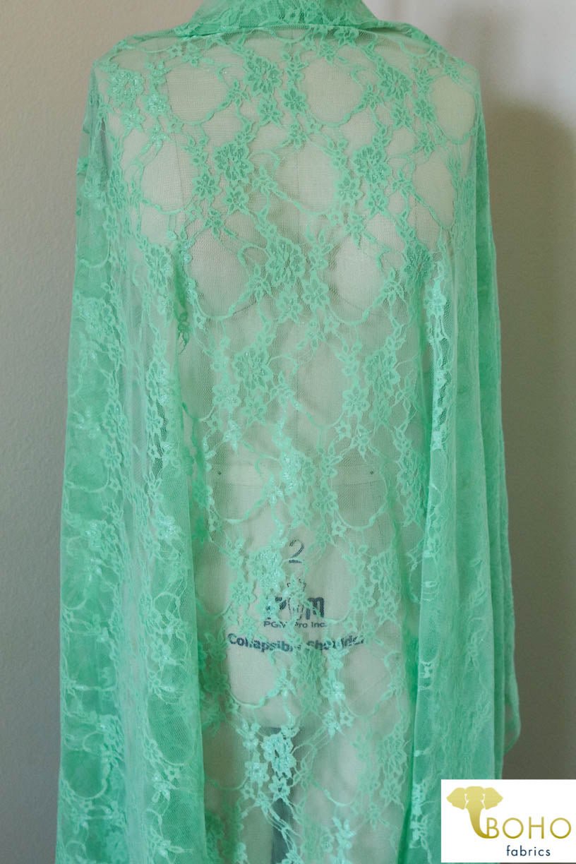 Petite Floral Stretch Lace in Mint. SL-108-MNT. - Boho Fabrics