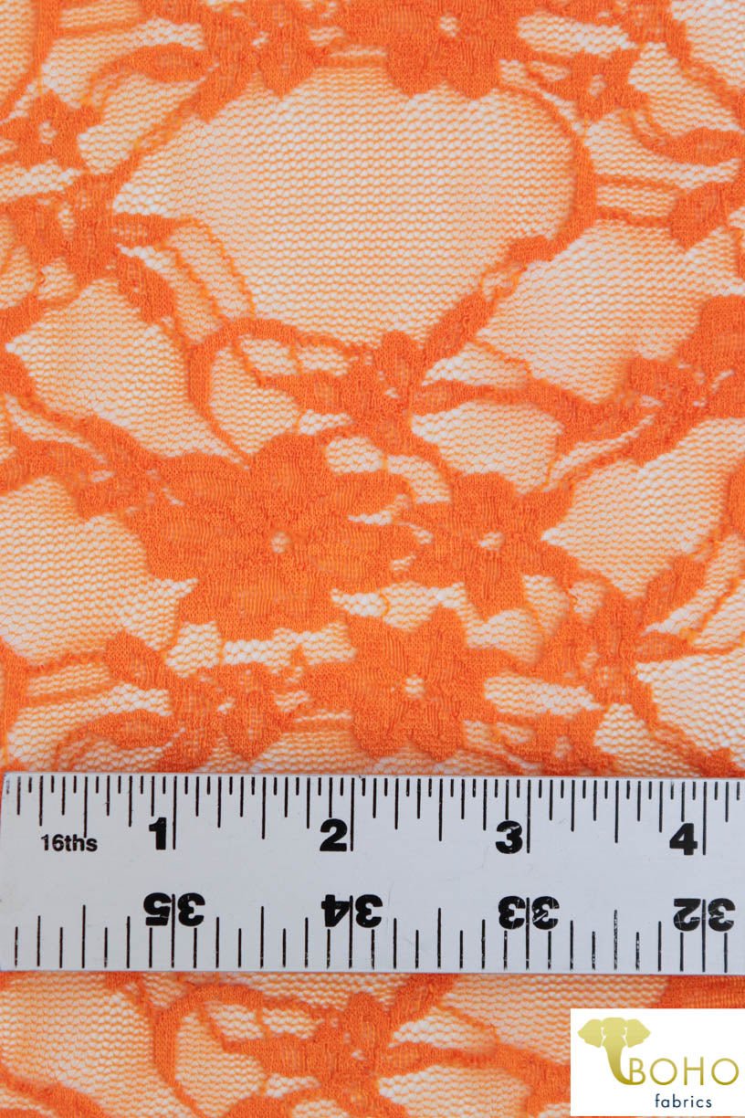 Petite Floral Stretch Lace in Orange. SL-108-ORG. - Boho Fabrics