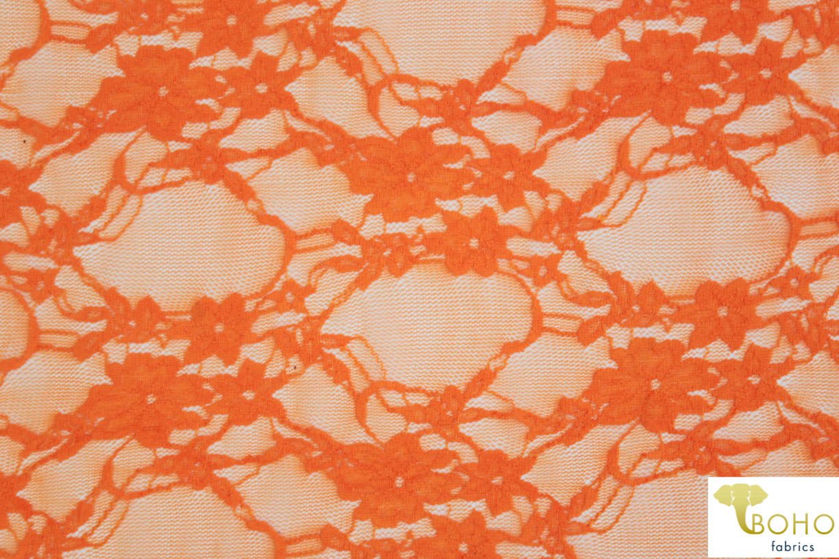 Petite Floral Stretch Lace in Orange. SL-108-ORG. - Boho Fabrics