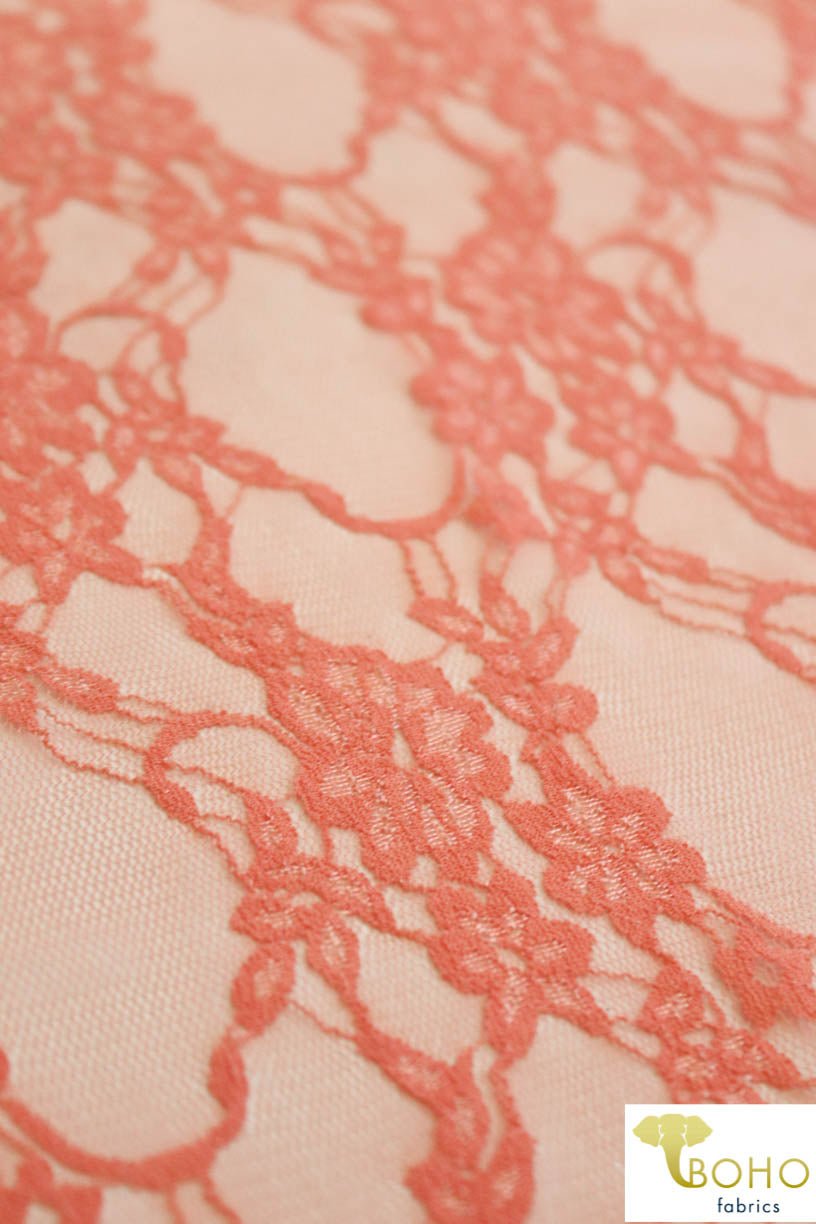 Petite Floral Stretch Lace in Peach. SL-108-PCH. - Boho Fabrics