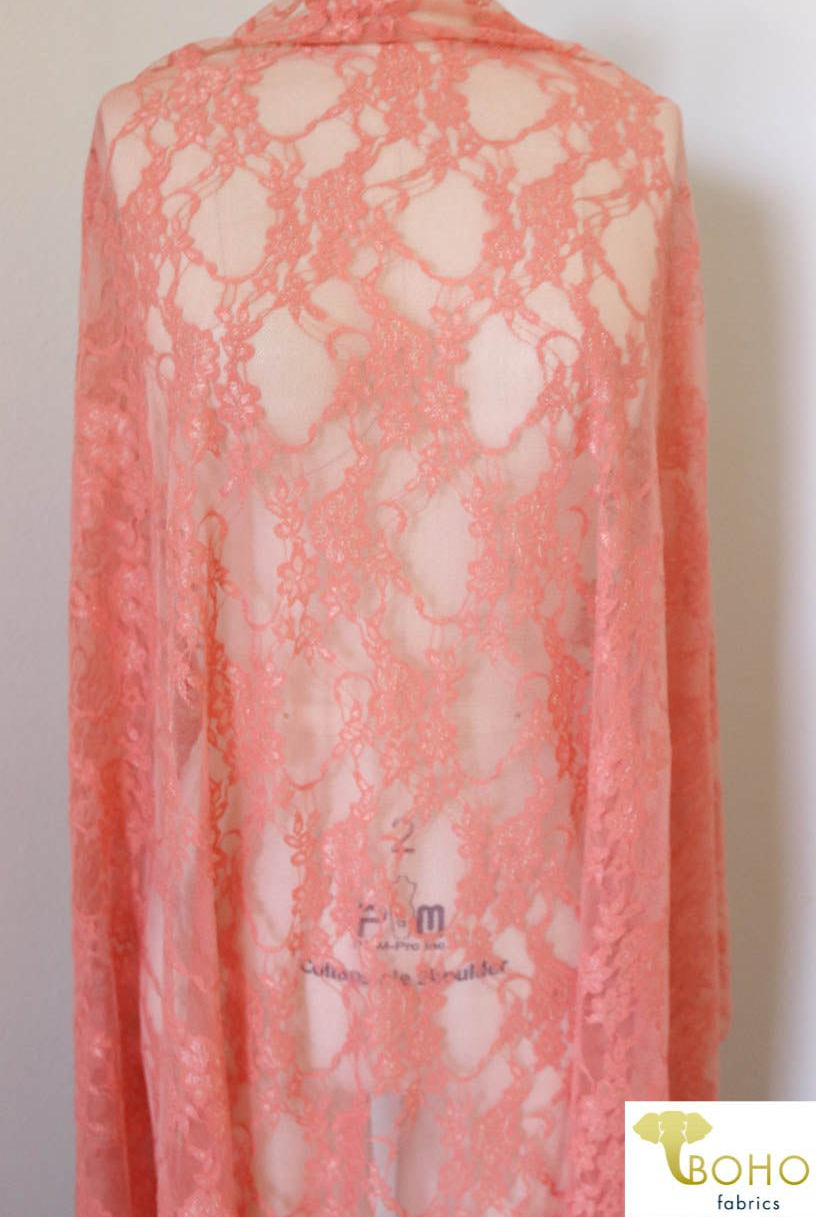 Petite Floral Stretch Lace in Peach. SL-108-PCH. - Boho Fabrics