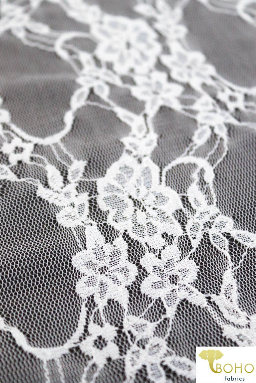 Petite Floral Stretch Lace in Pearl. SL-108-PRL. - Boho Fabrics