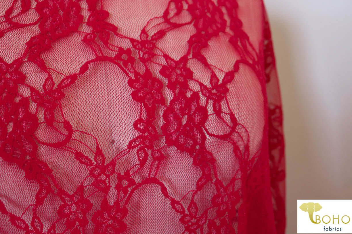 Petite Floral Stretch Lace in Red. SL-108-RED. - Boho Fabrics