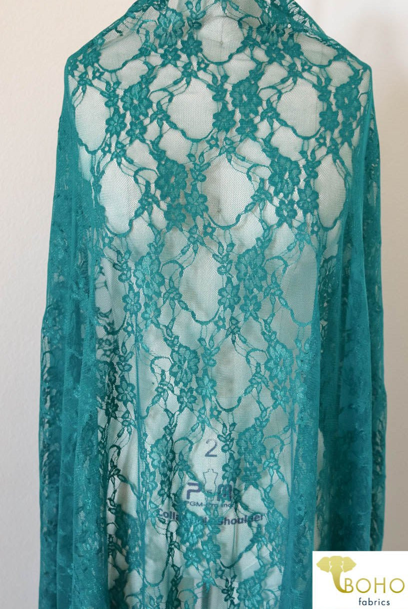 Petite Floral Stretch Lace in Teal. SL-108-TEAL. - Boho Fabrics