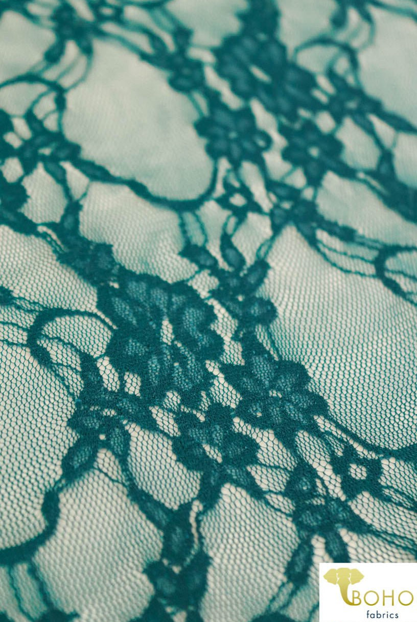 Petite Floral Stretch Lace in Teal. SL-108-TEAL. - Boho Fabrics