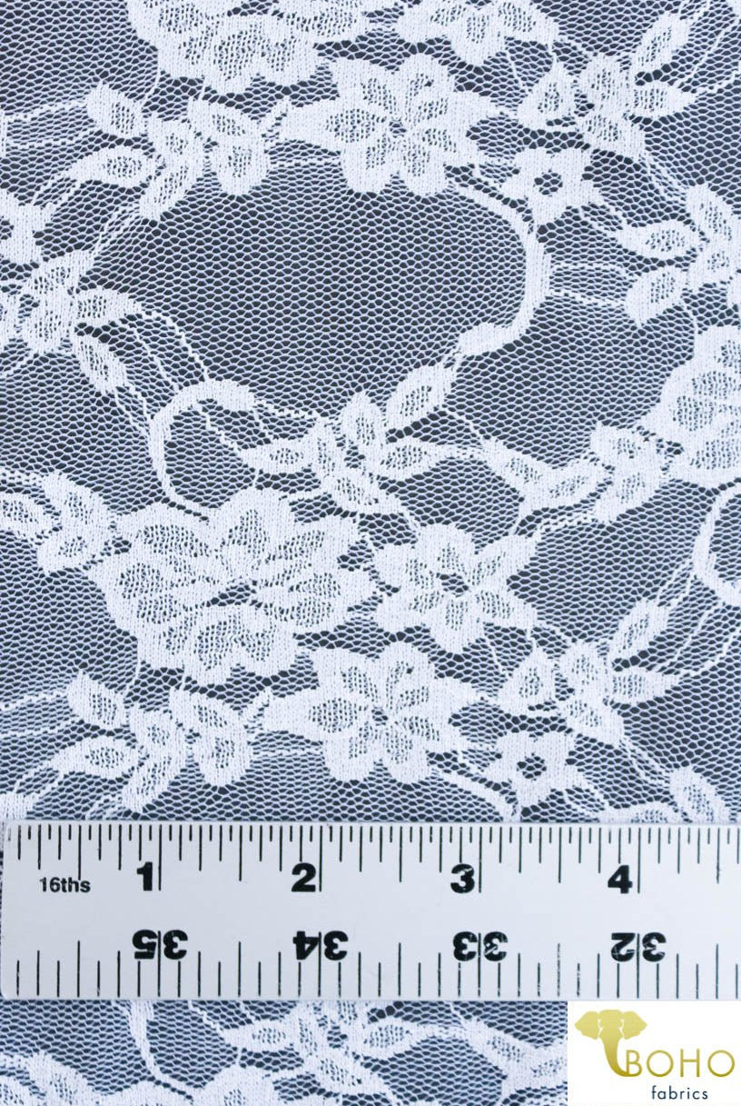 Petite Floral Stretch Lace in White. SL-108-WHT. - Boho Fabrics