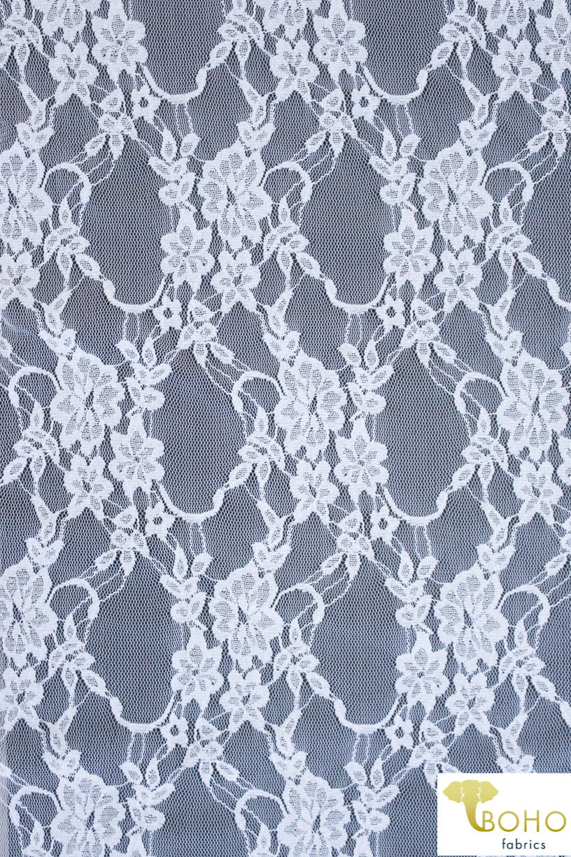 Petite Floral Stretch Lace in White. SL-108-WHT. - Boho Fabrics