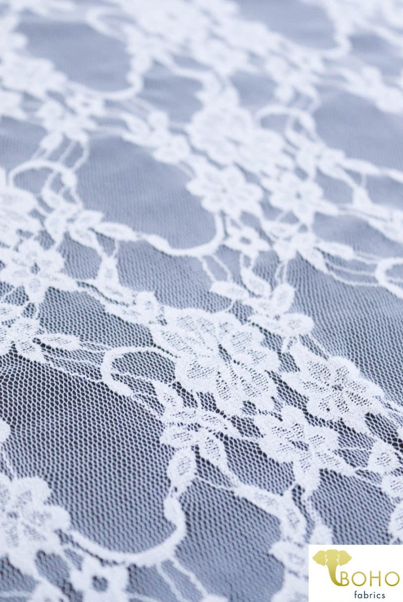 Petite Floral Stretch Lace in White. SL-108-WHT. - Boho Fabrics