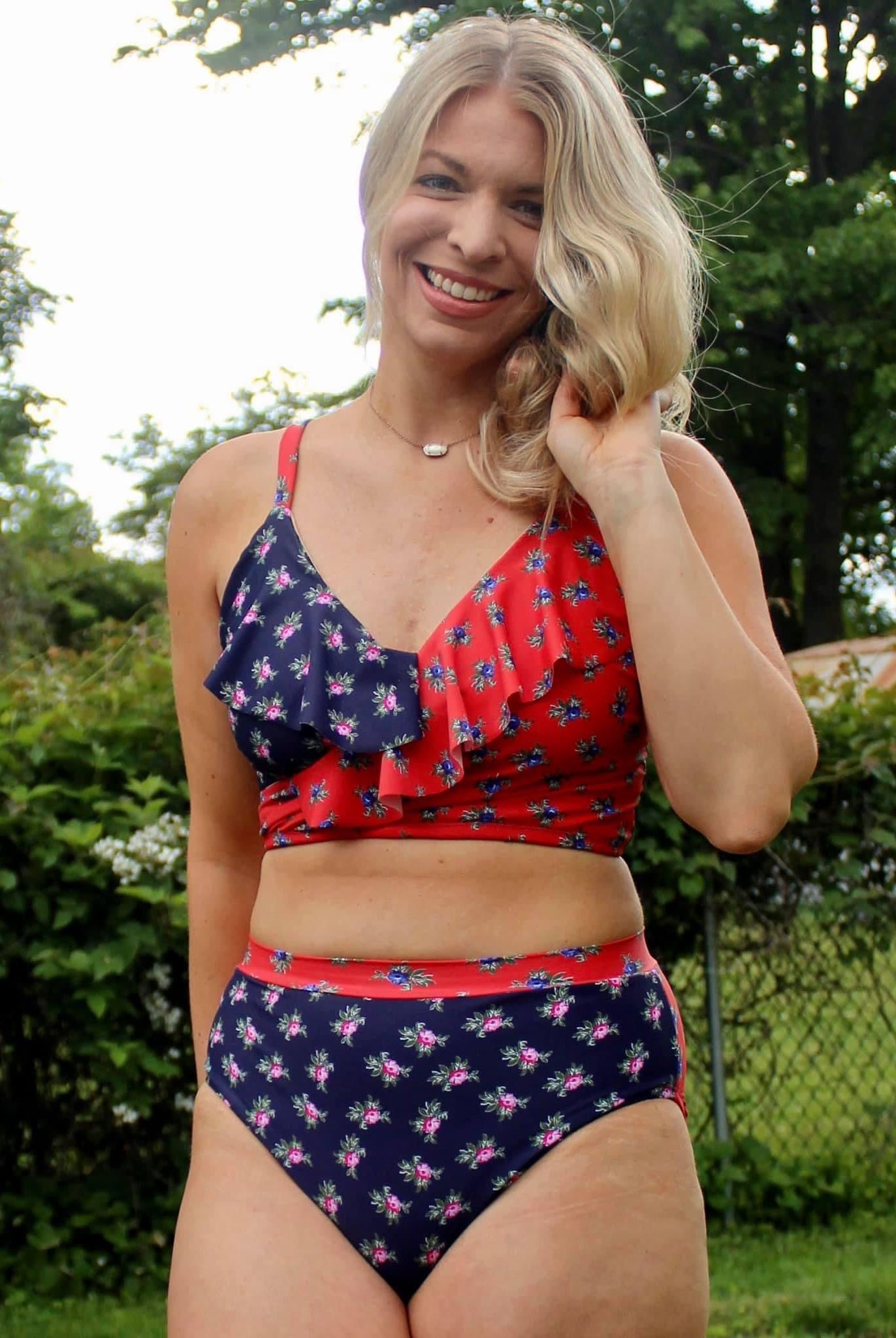 Petite Florals in Red & Navy Colorway. Split Print Swim/Activewear. SW-021 - Boho Fabrics - Swim Knit, Printed Fabric