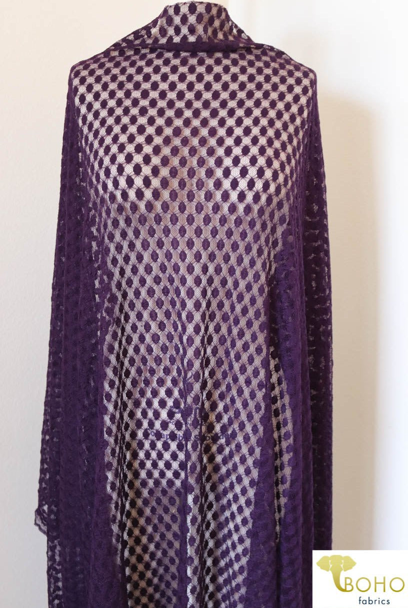 Petite Polka Dot in Plum Purple. Stretch Lace. SL-111-PURP - Boho Fabrics