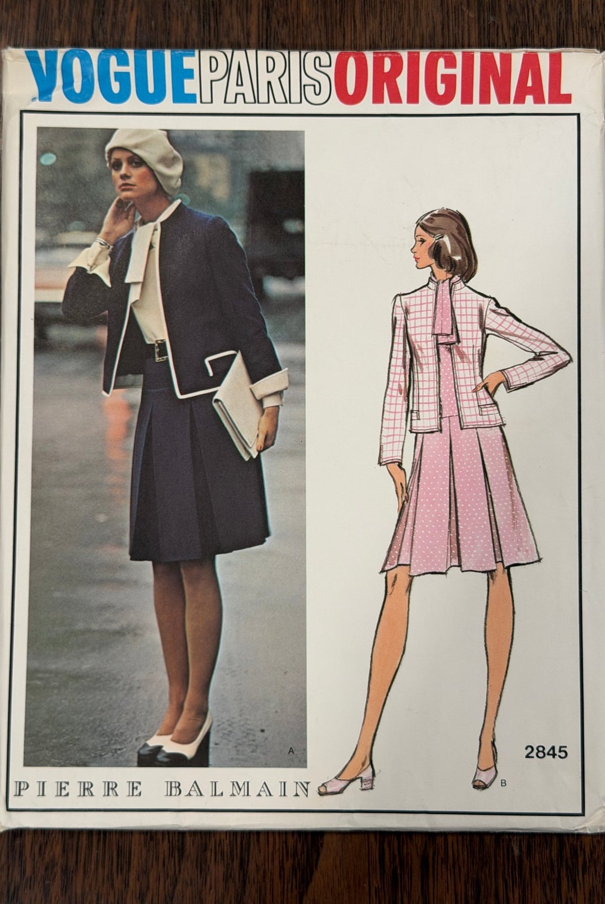 Pierre Balmain | Vogue Paris Original Sewing Pattern #2845 — Tie-Collar Dress with Box-Pleated Skirt & Jacket, Size 8, Vintage 1973 - Boho Fabrics - Sewing Patterns