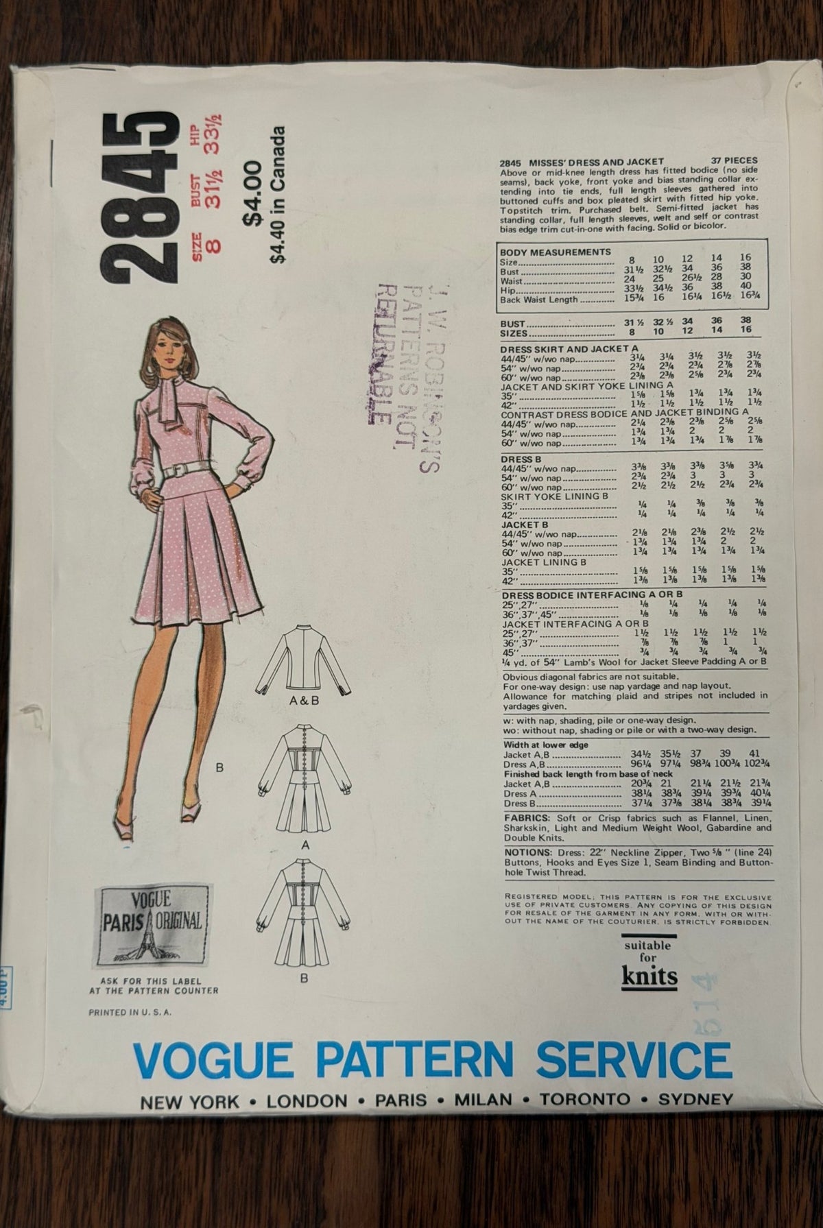 Pierre Balmain | Vogue Paris Original Sewing Pattern #2845 — Tie-Collar Dress with Box-Pleated Skirt & Jacket, Size 8, Vintage 1973 - Boho Fabrics - Sewing Patterns