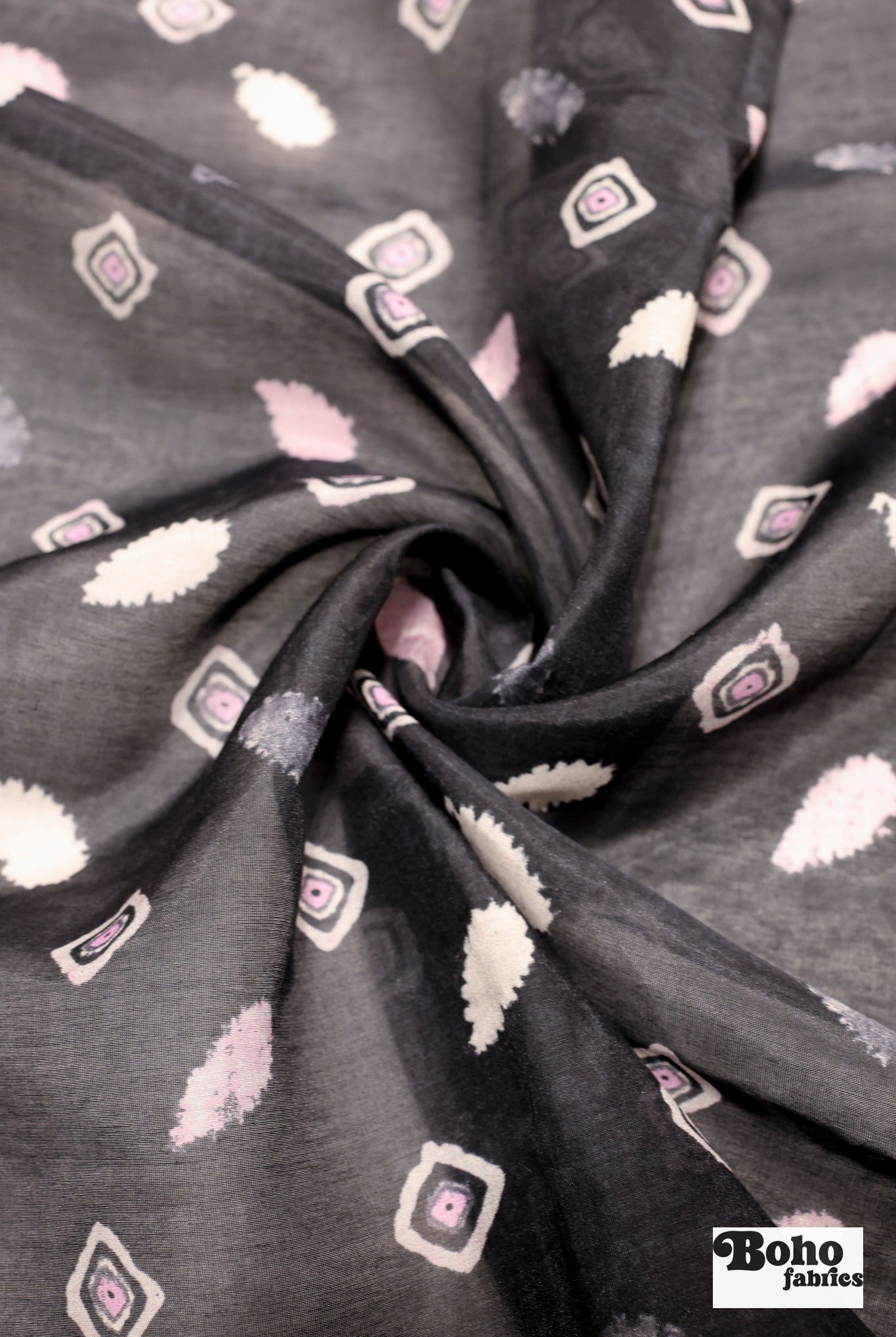 Pink & Black Concentric Diamonds Silk Fabric Pre - Cuts - Boho Fabrics - Woven Fabric