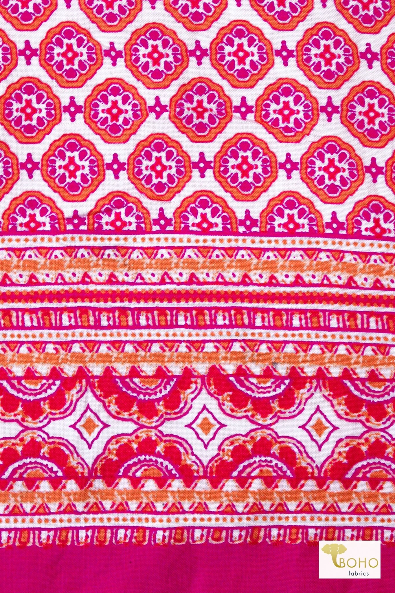 Pink Ibiza, Double Border, Rayon Challis Woven Print - Boho Fabrics