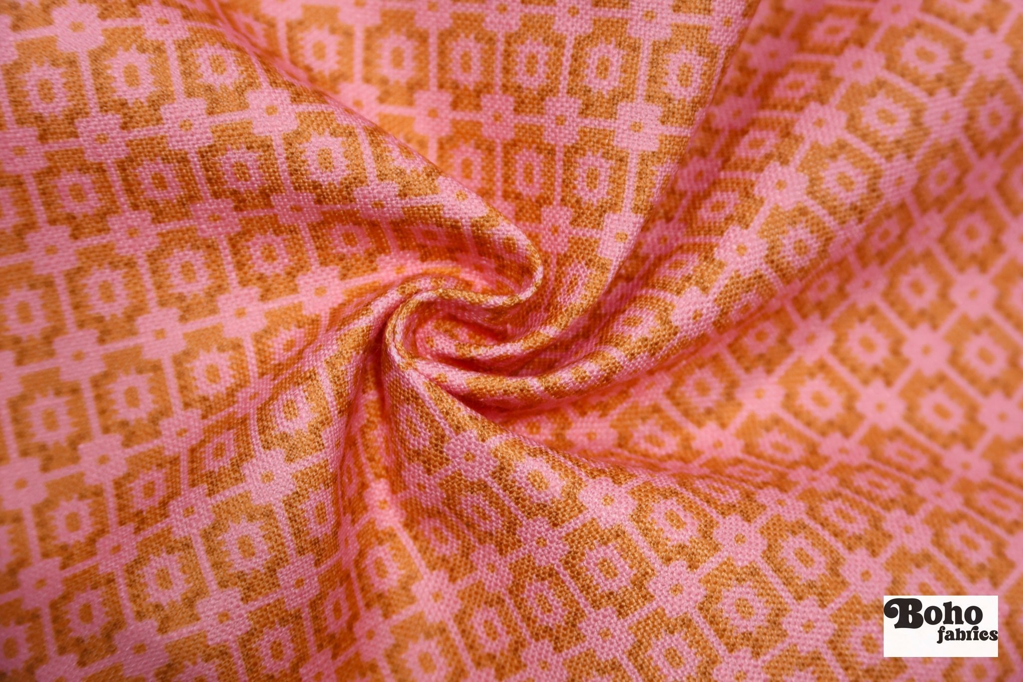 Pink & Orange, Geometric Linen-Look Woven Fabric - Boho Fabrics - Home Dec. & Upholstery Fabric
