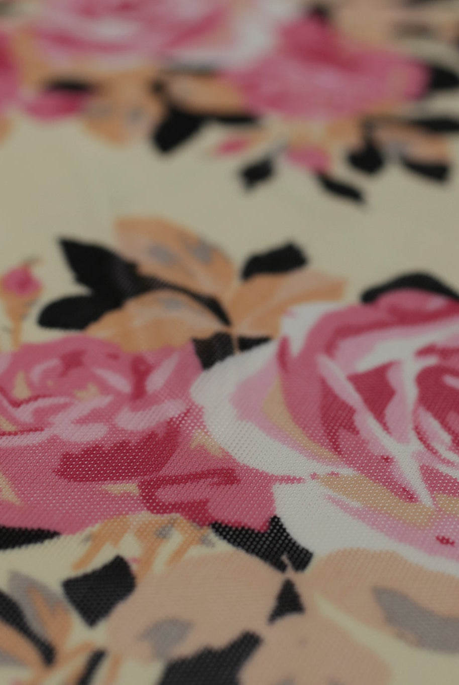 Pink Roses on Beige. Power Mesh - Boho Fabrics - Stretch Mesh
