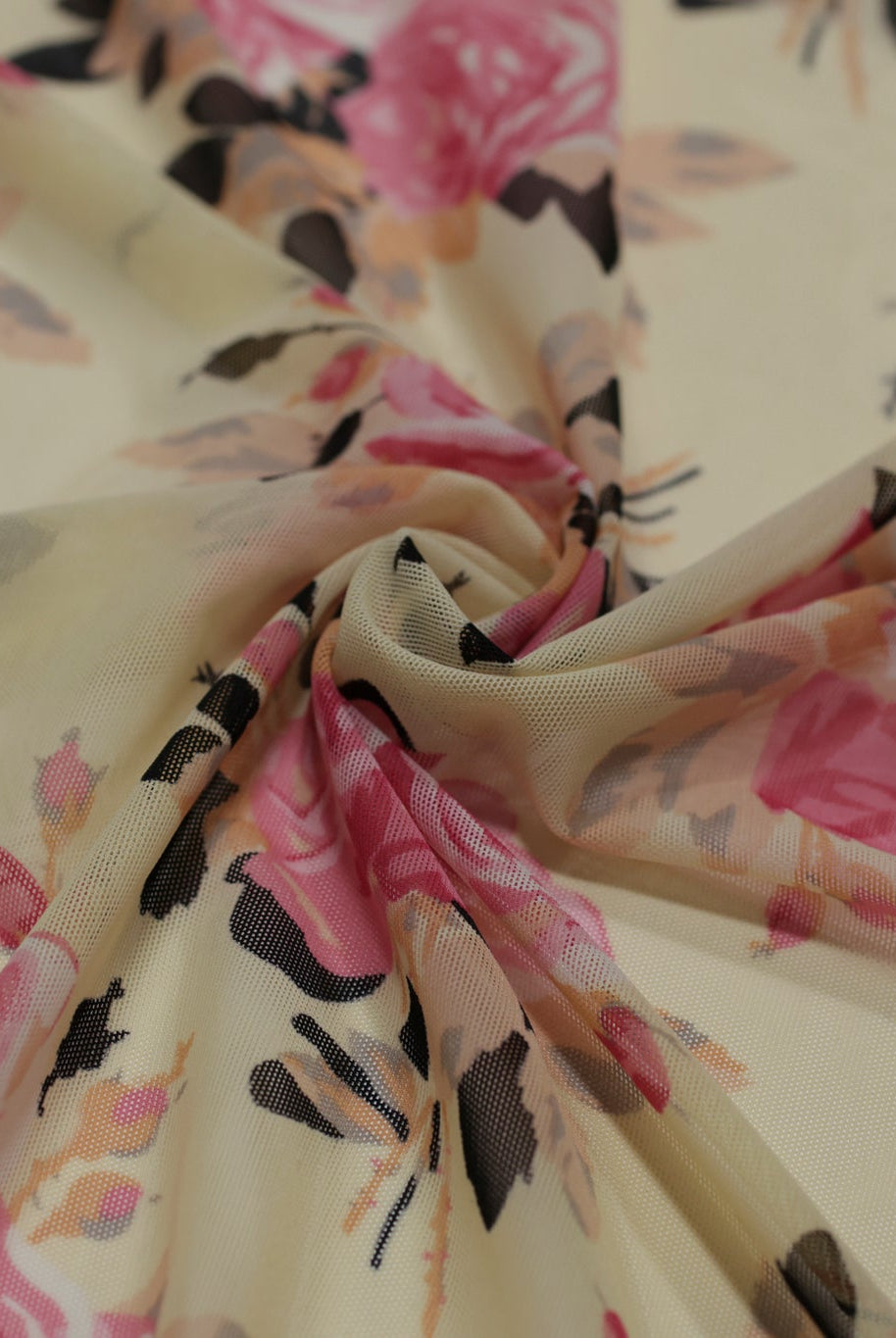 Pink Roses on Beige. Power Mesh - Boho Fabrics - Stretch Mesh