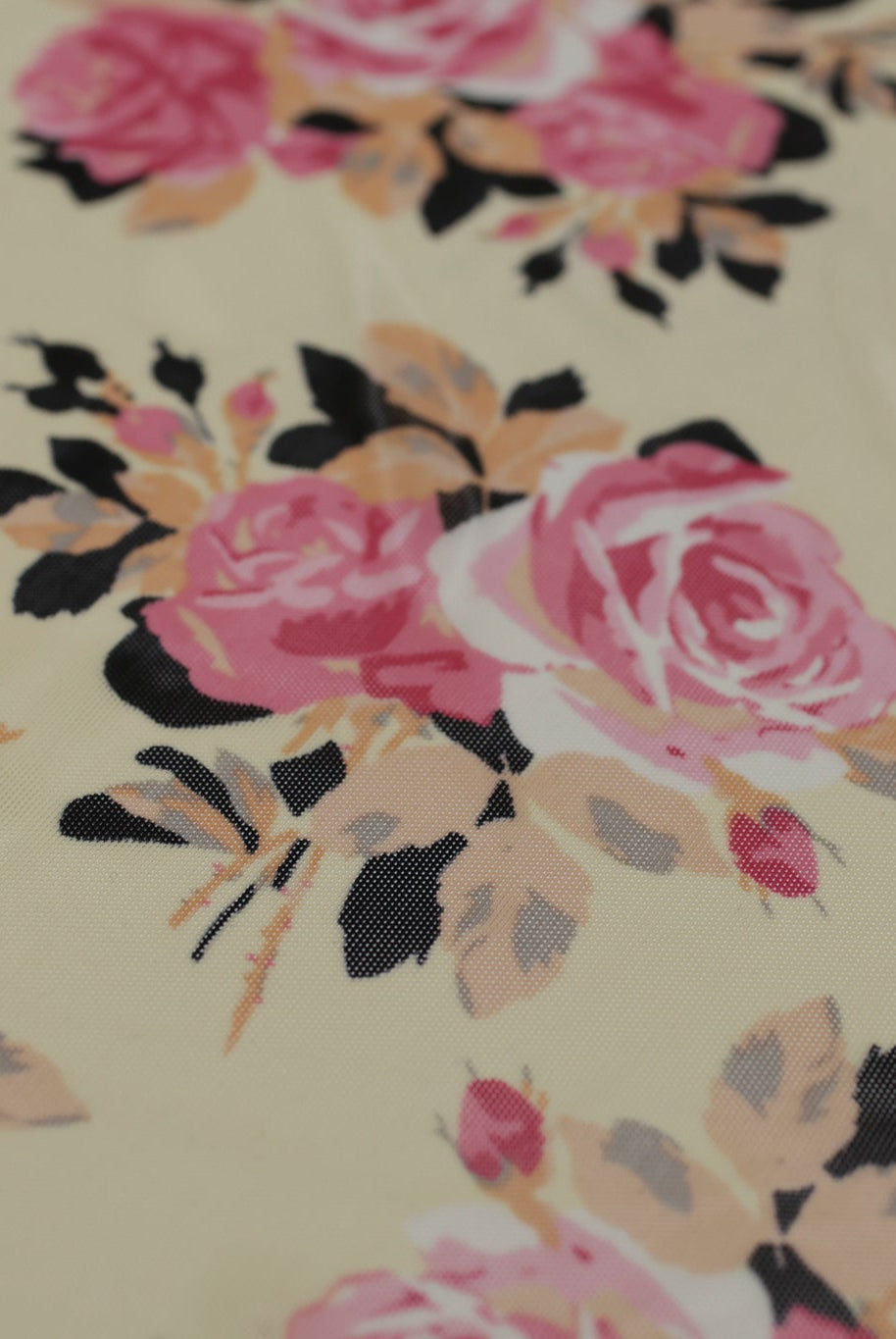 Pink Roses on Beige. Power Mesh - Boho Fabrics - Stretch Mesh