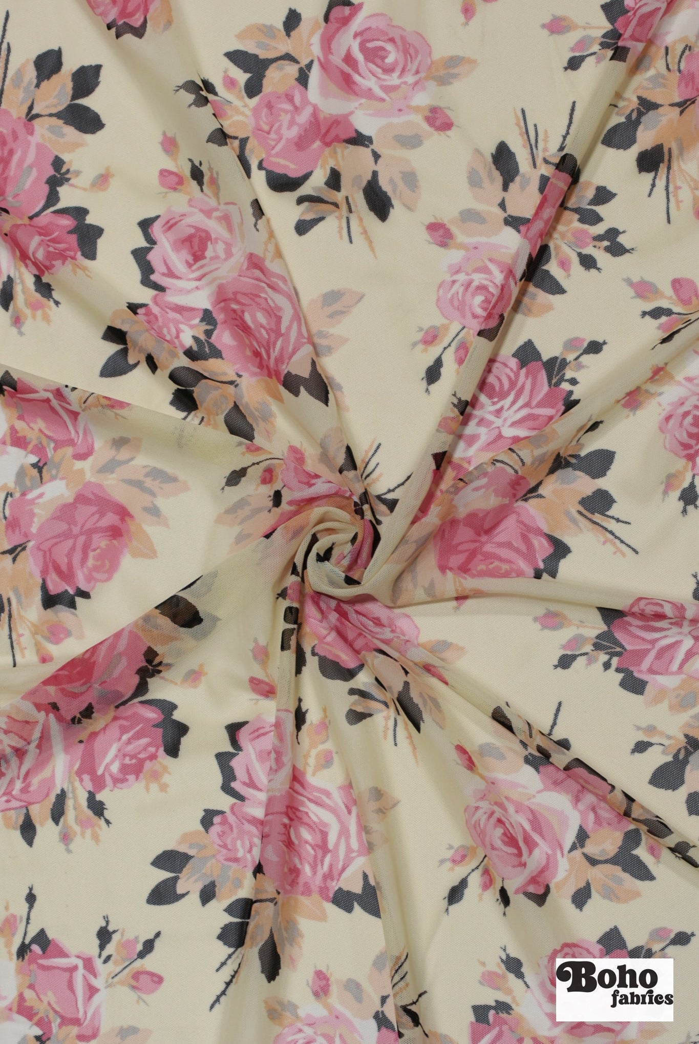 Pink Roses on Beige. Power Mesh - Boho Fabrics - Stretch Mesh