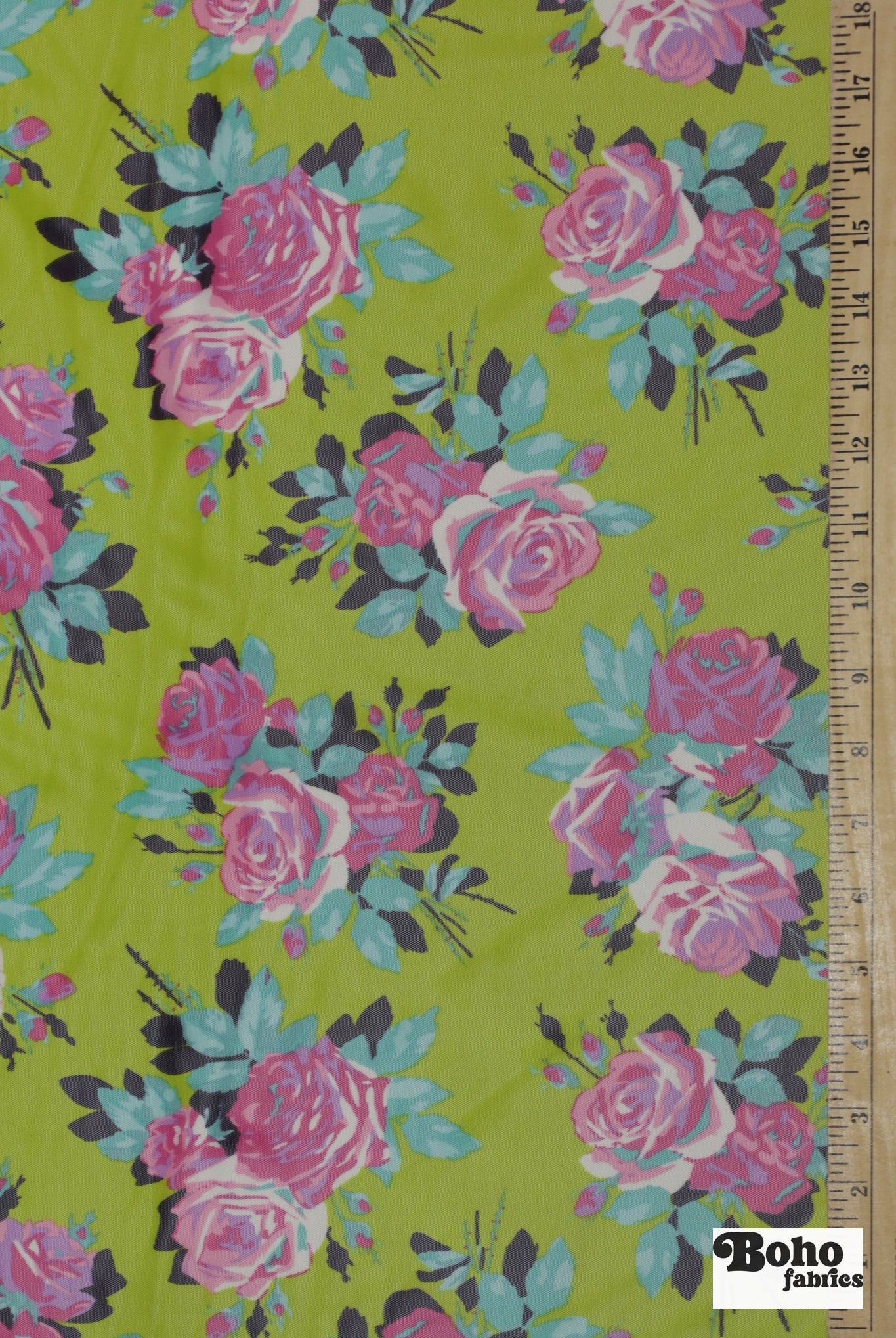 Pink Roses on Green. Power Mesh - Boho Fabrics - Stretch Mesh
