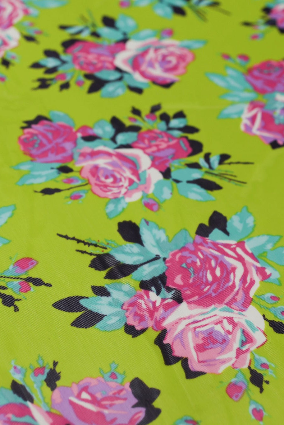 Pink Roses on Green. Power Mesh - Boho Fabrics - Stretch Mesh