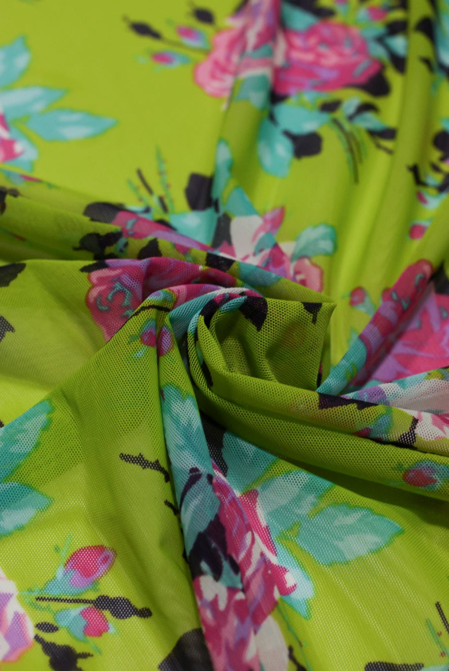 Pink Roses on Green. Power Mesh - Boho Fabrics - Stretch Mesh