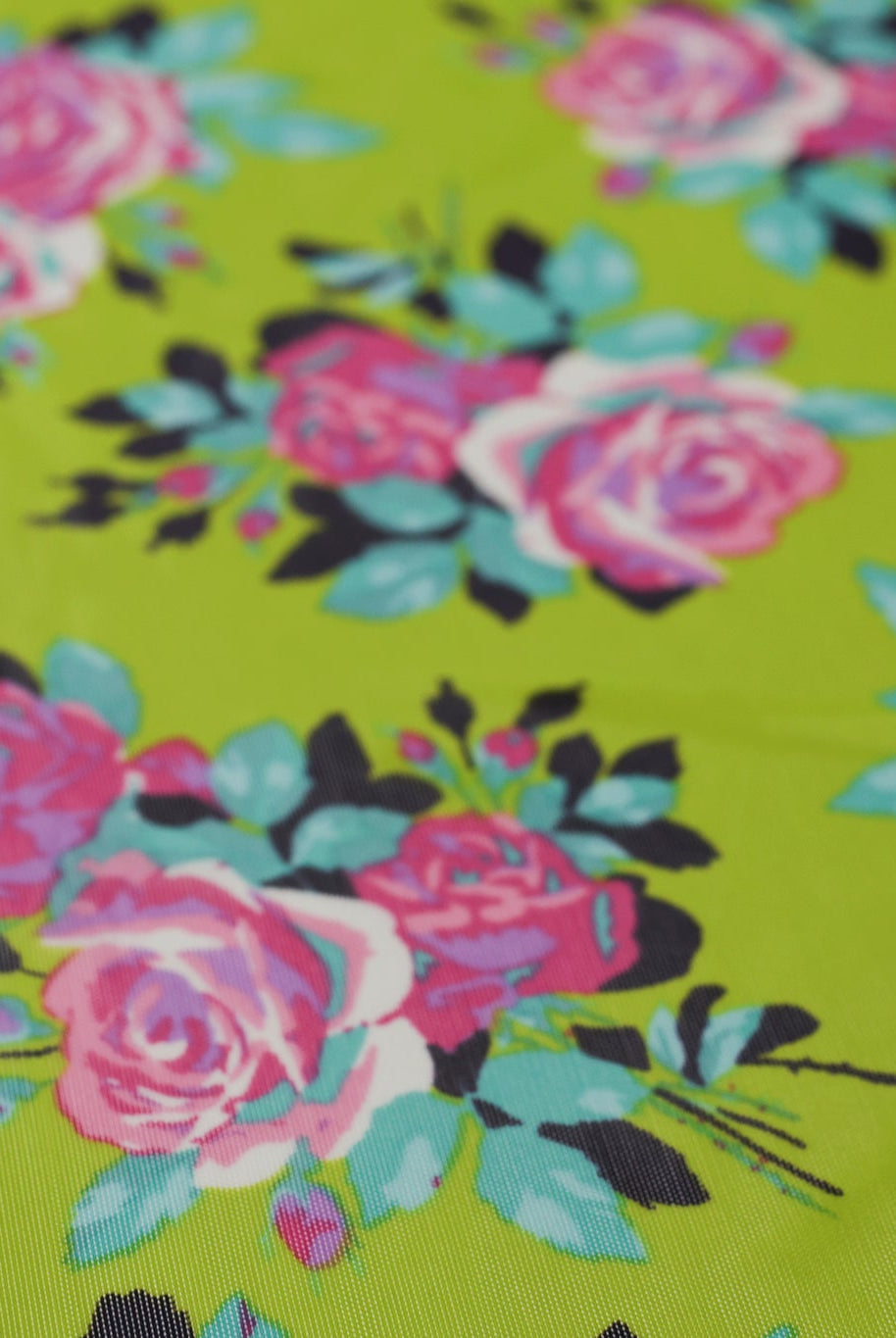 Pink Roses on Green. Power Mesh - Boho Fabrics - Stretch Mesh