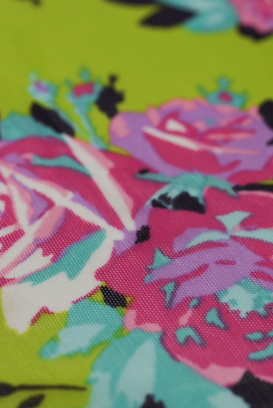 Pink Roses on Green. Power Mesh - Boho Fabrics - Stretch Mesh