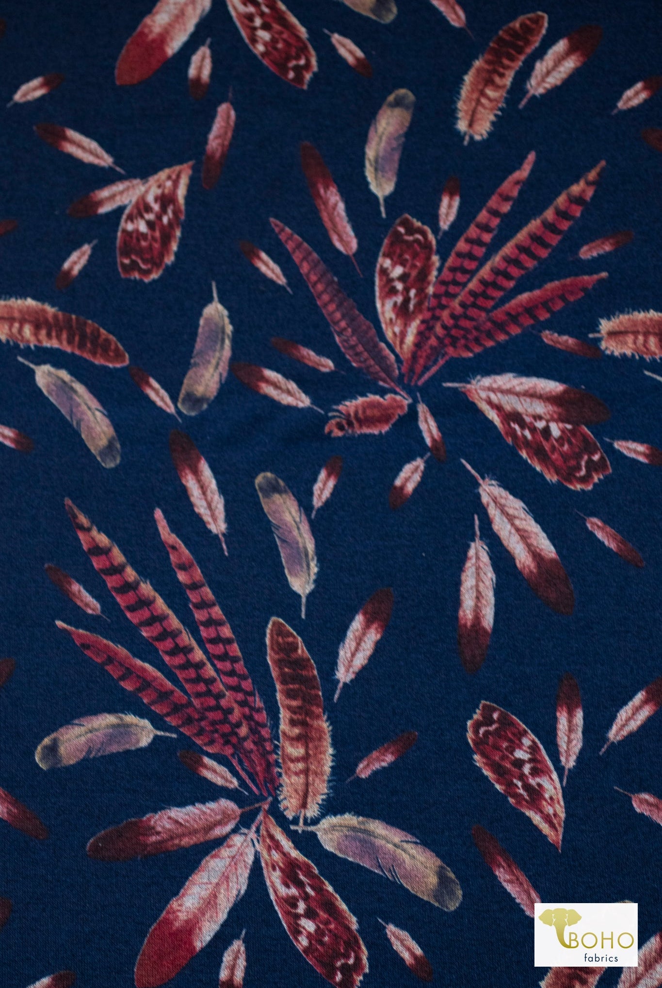 Plumes, Blue Sweater Knit Fabric - Boho Fabrics - Sweater Prints, Knit Fabric