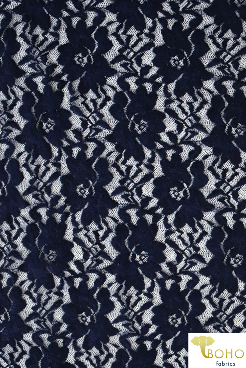 Plush Navy Florals, Stretch Lace. SL-122 - Boho Fabrics