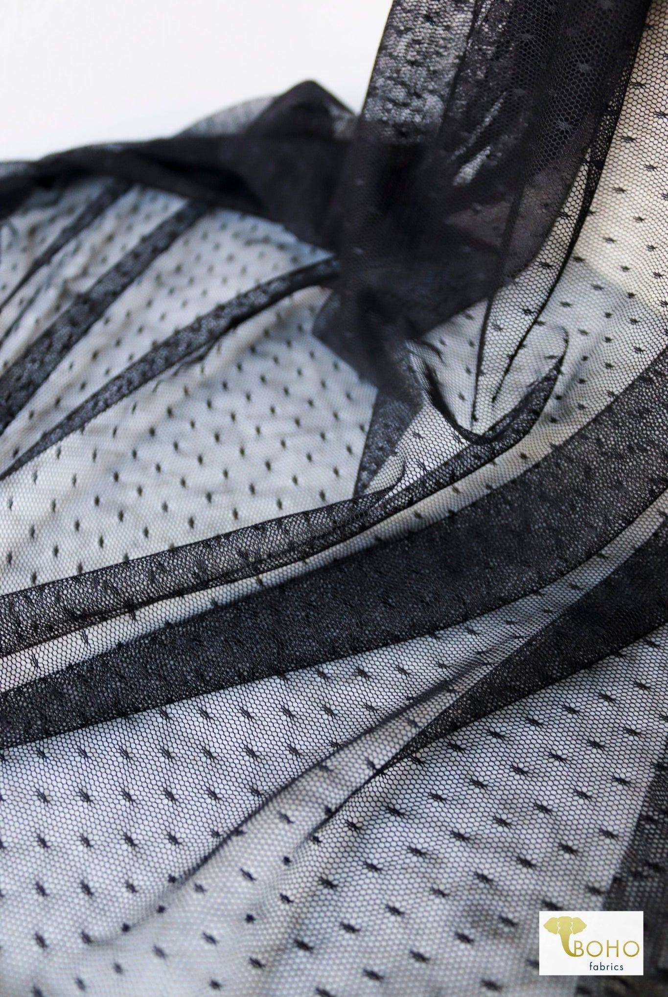 Point D'Espirit Black, Stretch Mesh Fabric. - Boho Fabrics