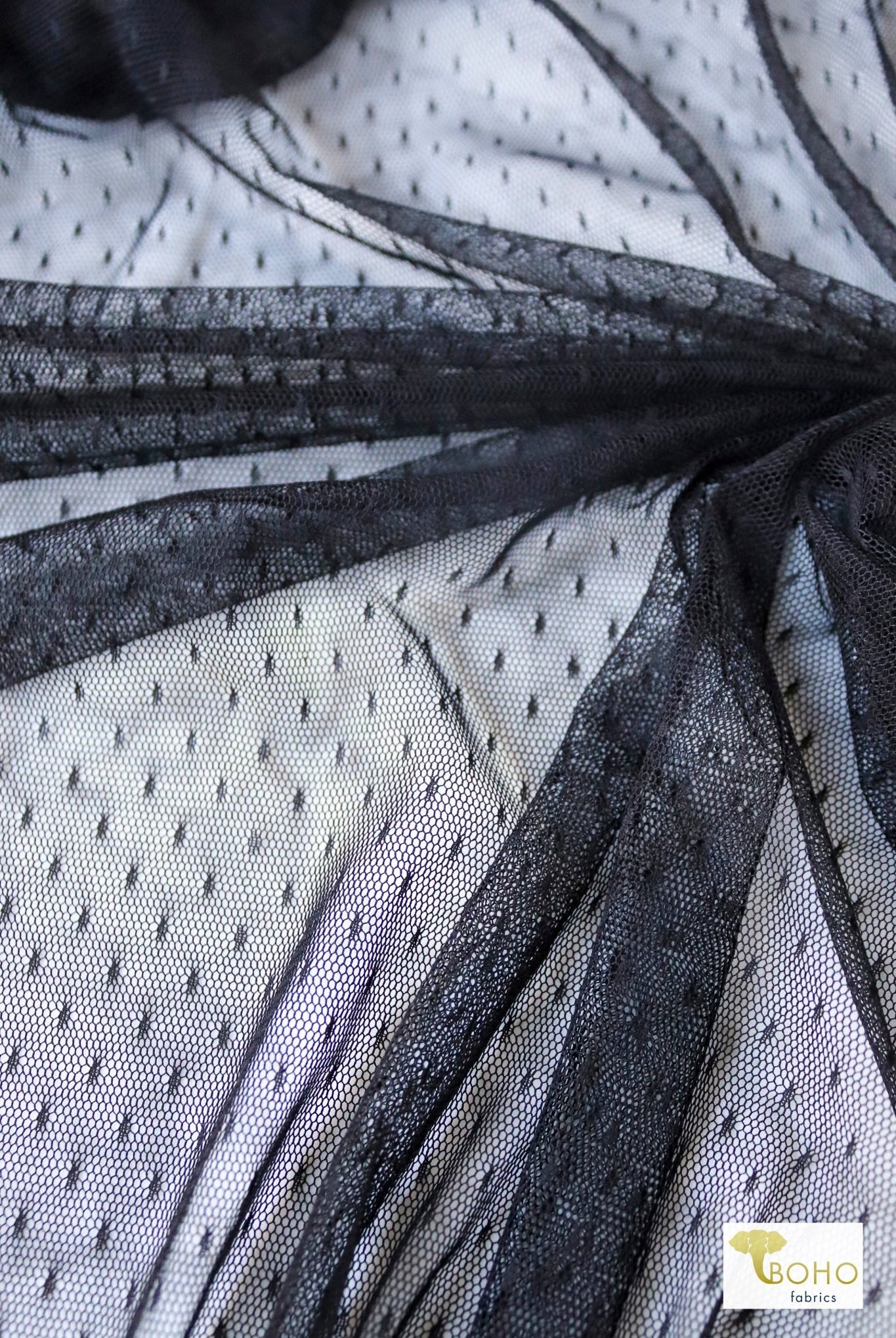 Point D'Espirit Black, Stretch Mesh Fabric. - Boho Fabrics