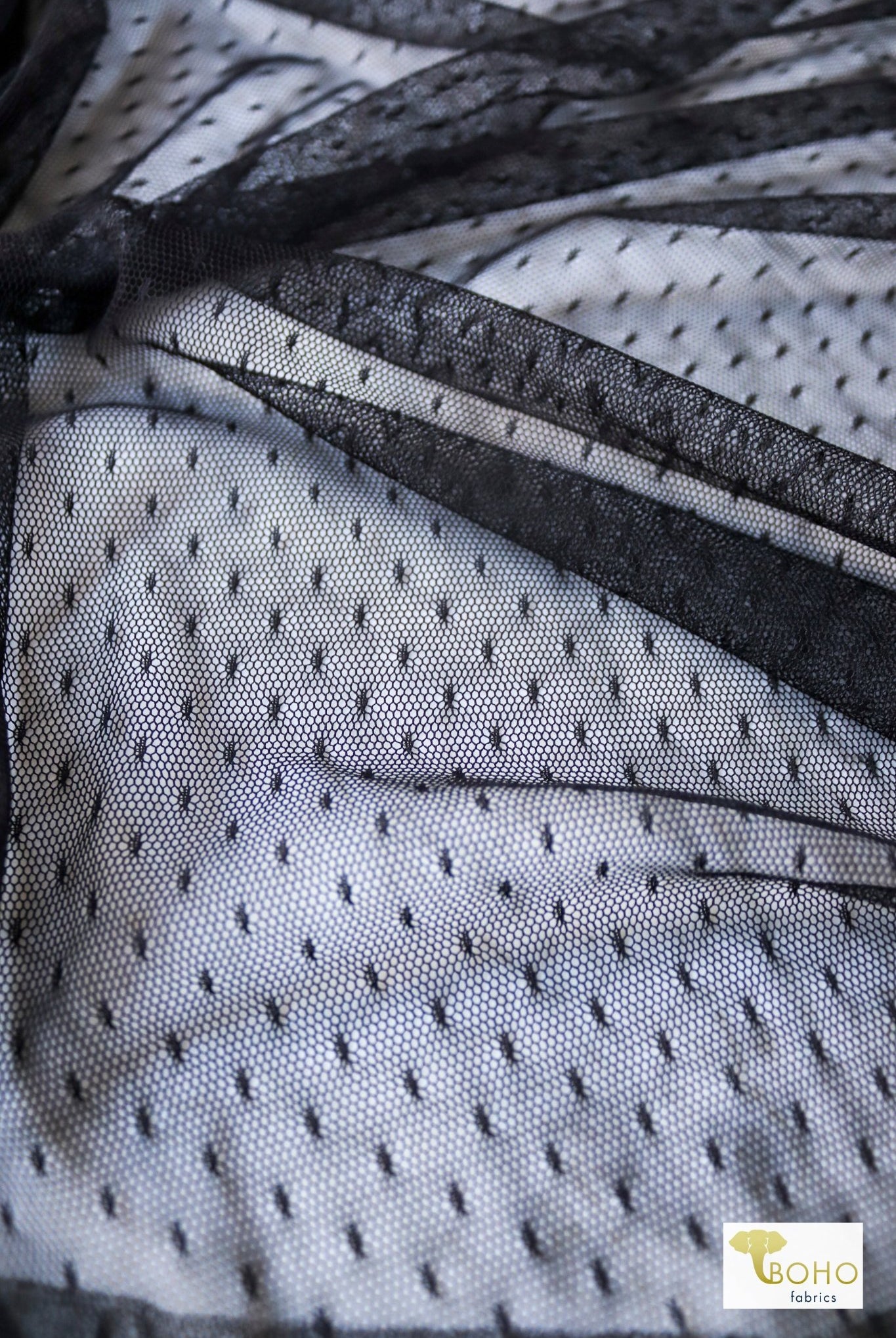 Point D'Espirit Black, Stretch Mesh Fabric. - Boho Fabrics