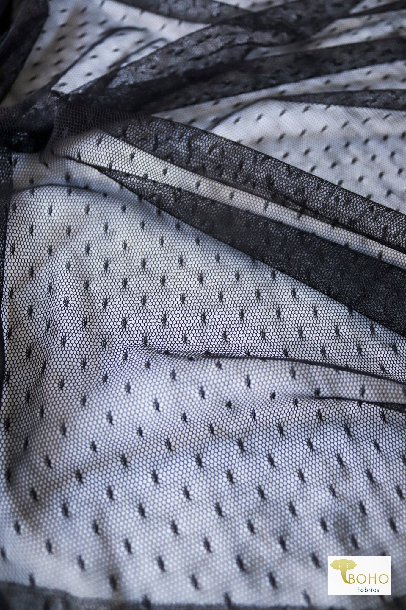 Point D'Espirit Black, Stretch Mesh Fabric. - Boho Fabrics