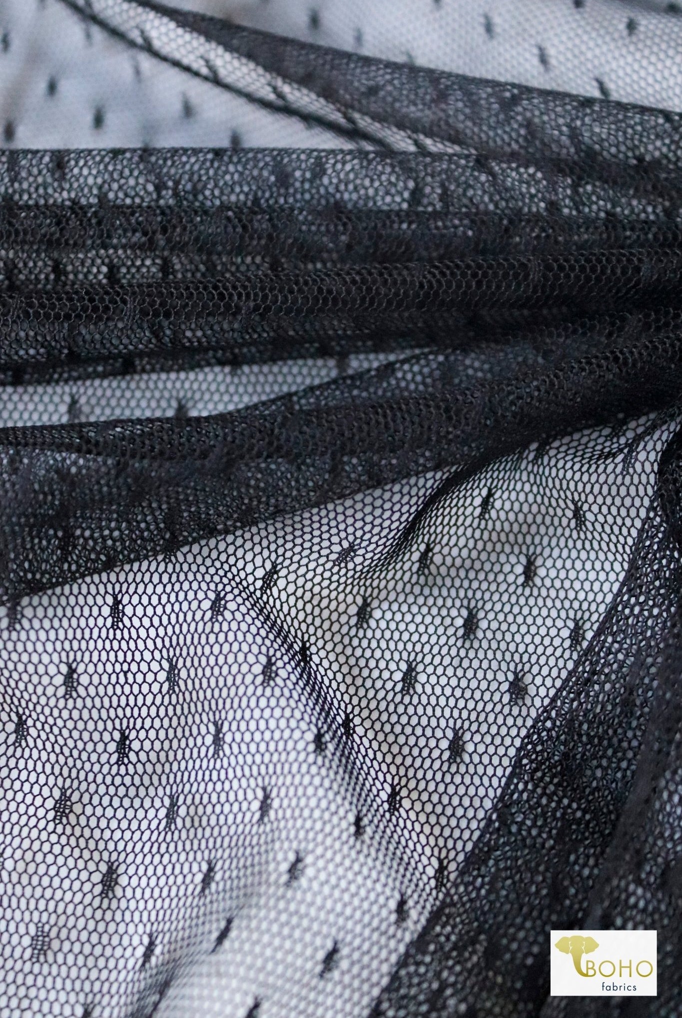 Point D'Espirit Black, Stretch Mesh Fabric. - Boho Fabrics