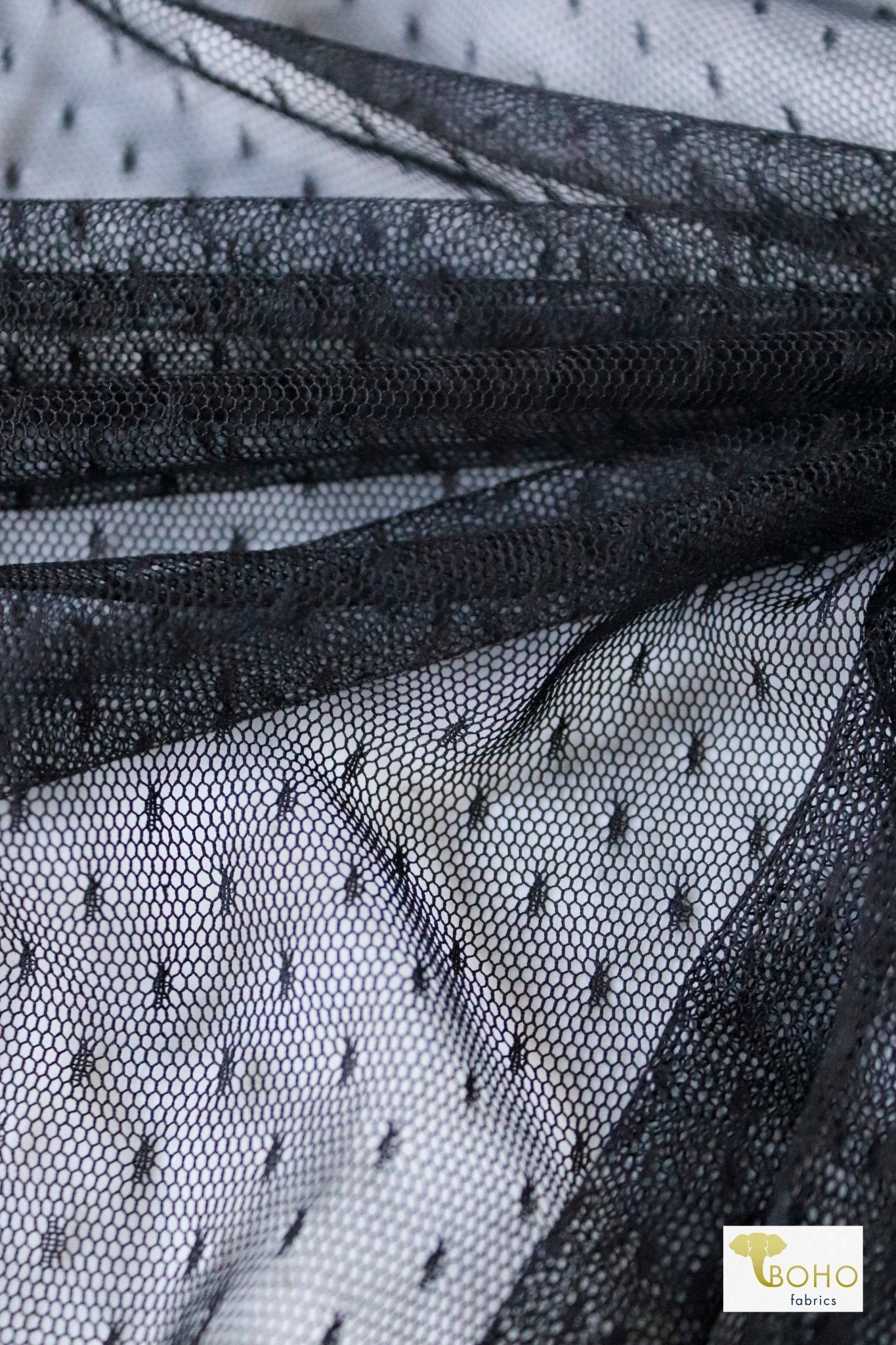 Point D'Espirit Black, Stretch Mesh Fabric. - Boho Fabrics