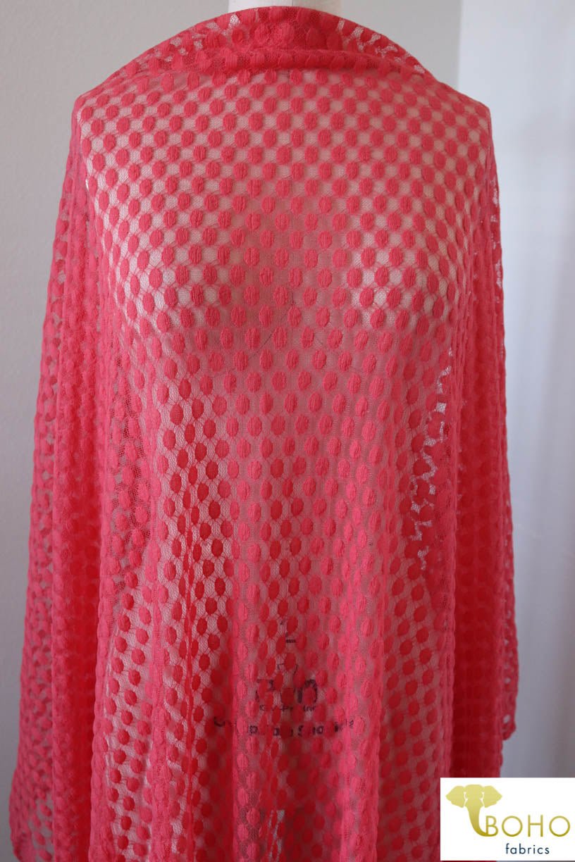 Polka Dot in Coral. Stretch Lace. SL-107-CRL - Boho Fabrics