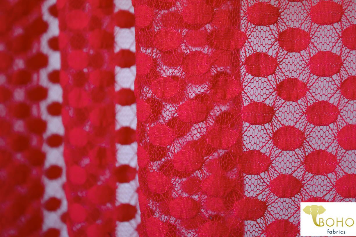 Polka Dot in Red. Stretch Lace. SL-107-RED - Boho Fabrics