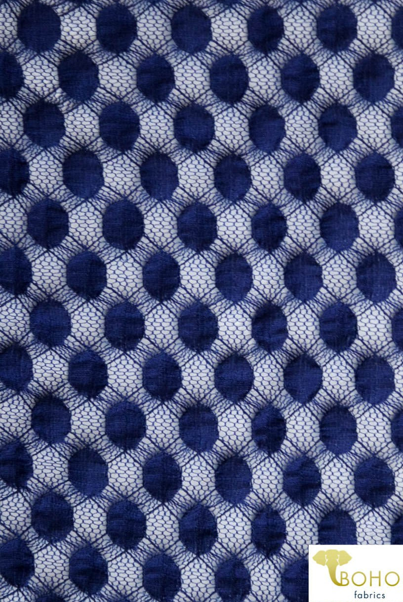 Polka Dot in Royal Blue Navy. Stretch Lace. SL-107-BLU. - Boho Fabrics