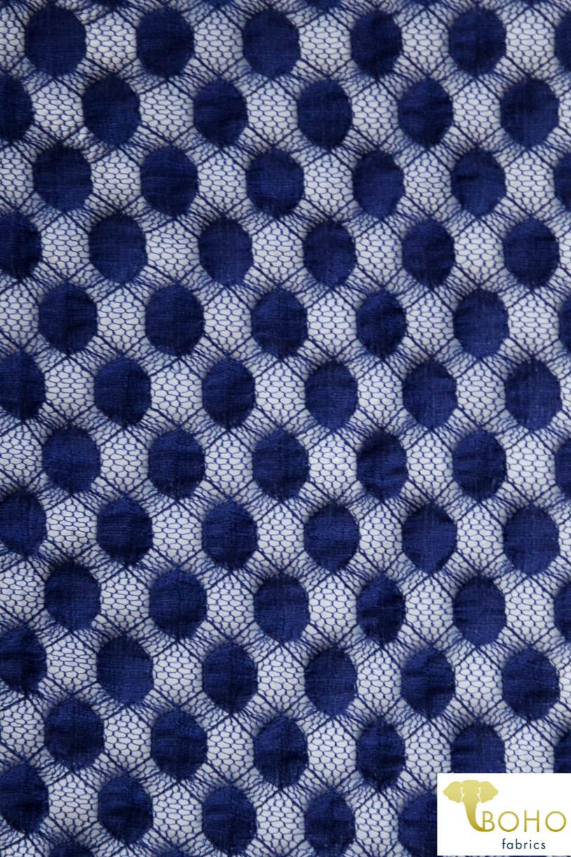 Polka Dot in Royal Blue Navy. Stretch Lace. SL-107-BLU. - Boho Fabrics