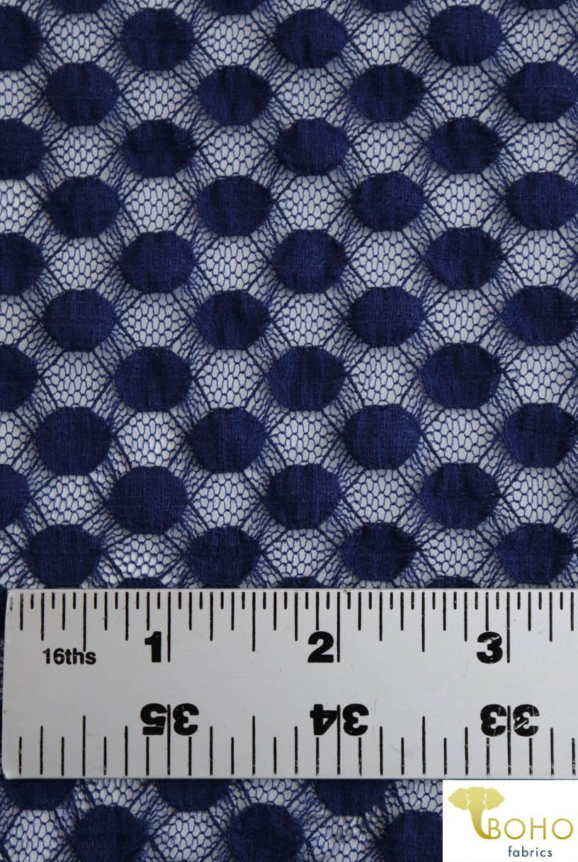 Polka Dot in Royal Blue Navy. Stretch Lace. SL-107-BLU. - Boho Fabrics