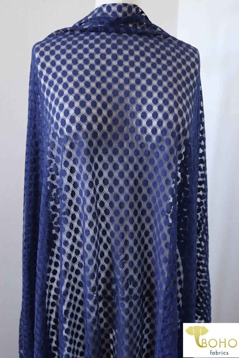 Polka Dot in Royal Blue Navy. Stretch Lace. SL-107-BLU. - Boho Fabrics