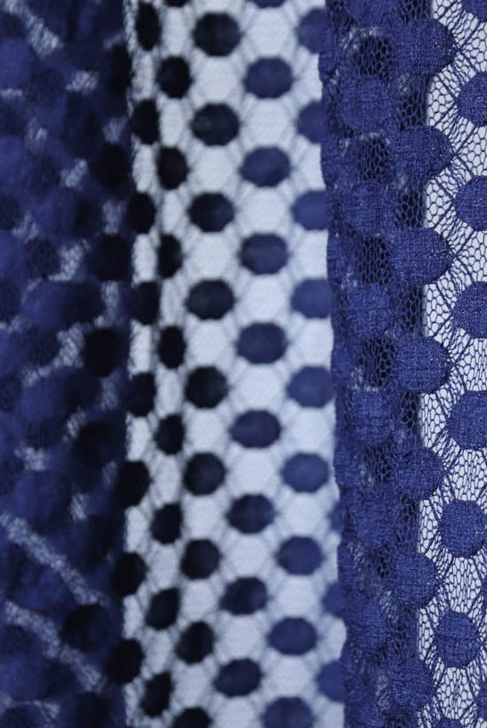 Polka Dot in Royal Blue Navy. Stretch Lace. SL-107-BLU. - Boho Fabrics