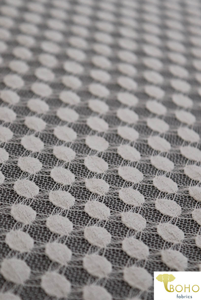 Polka Dot in White. Stretch Lace. SL-107-WHT. - Boho Fabrics