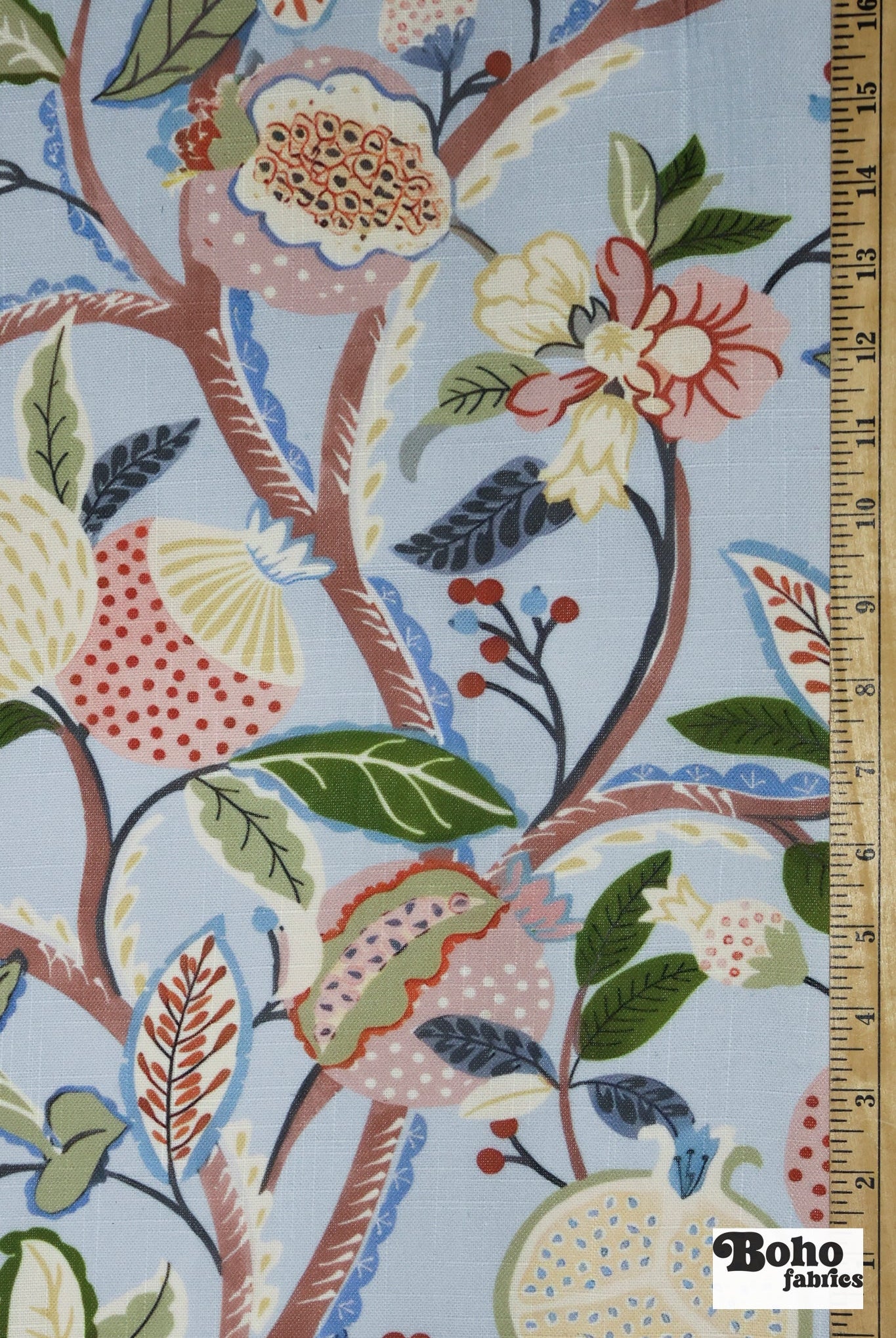 Pomegranate Botanical Floral Linen-Look Woven Fabric - Boho Fabrics - Home Dec. & Upholstery Fabric