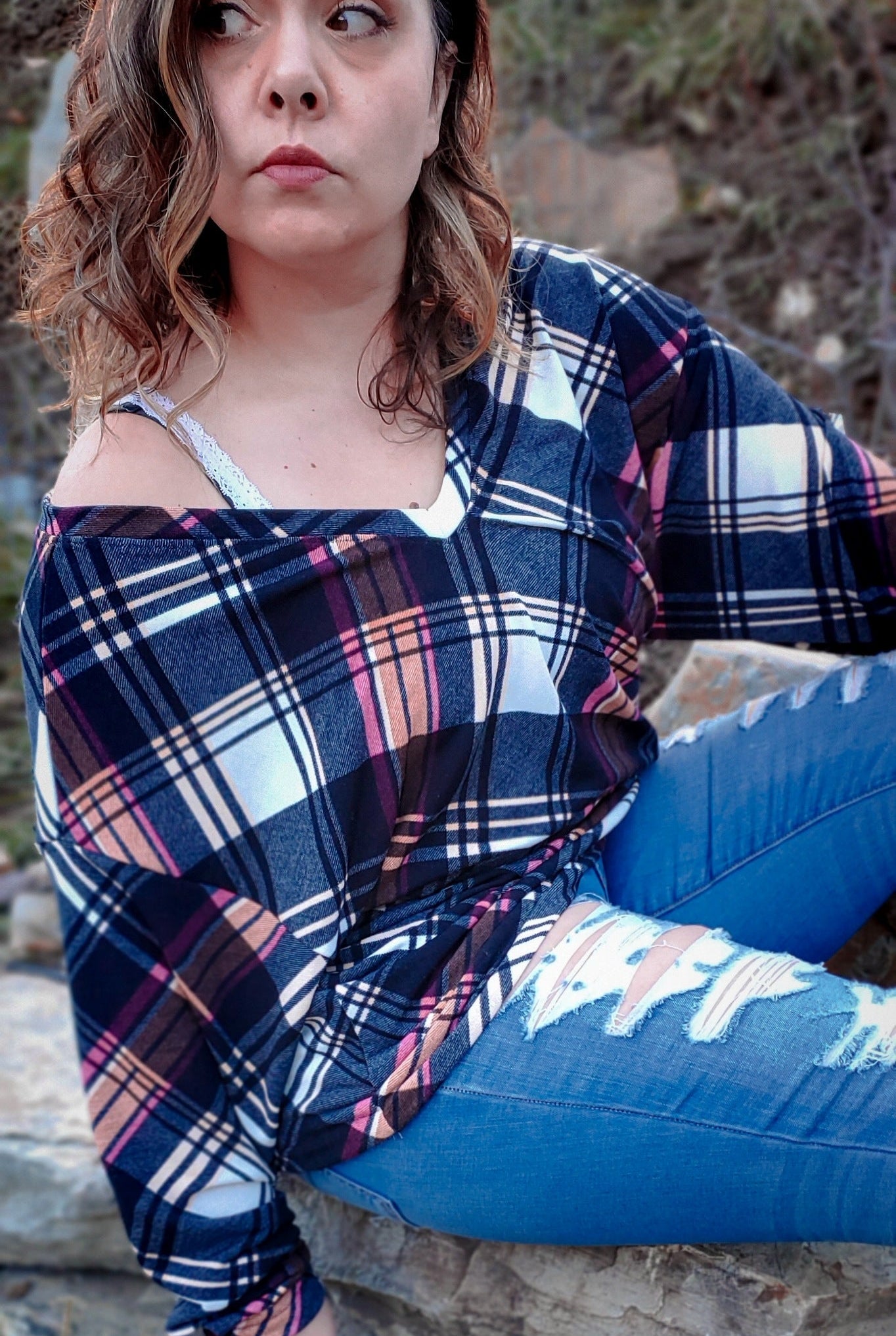 Pop of Pink Plaid, Brushed Sweater Knit Fabric. PRSW-105 - Boho Fabrics