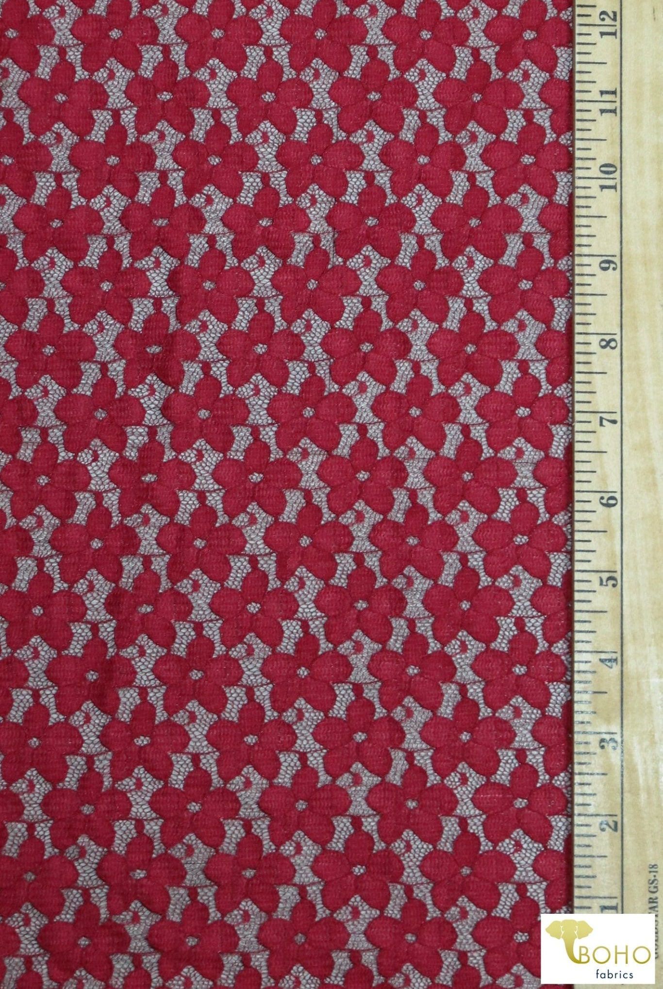 Pretty Little Daisies in Red. Stretch Lace Fabric. SL-128-RED - Boho Fabrics
