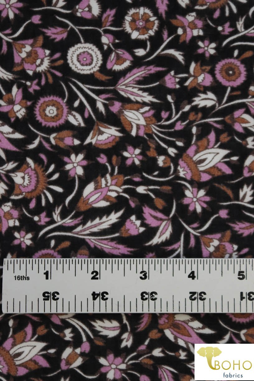 Purple Floral Folk Vines Panel. With Lilac, Black & Rust. Cotton Woven Fabric. WV-130 - Boho Fabrics